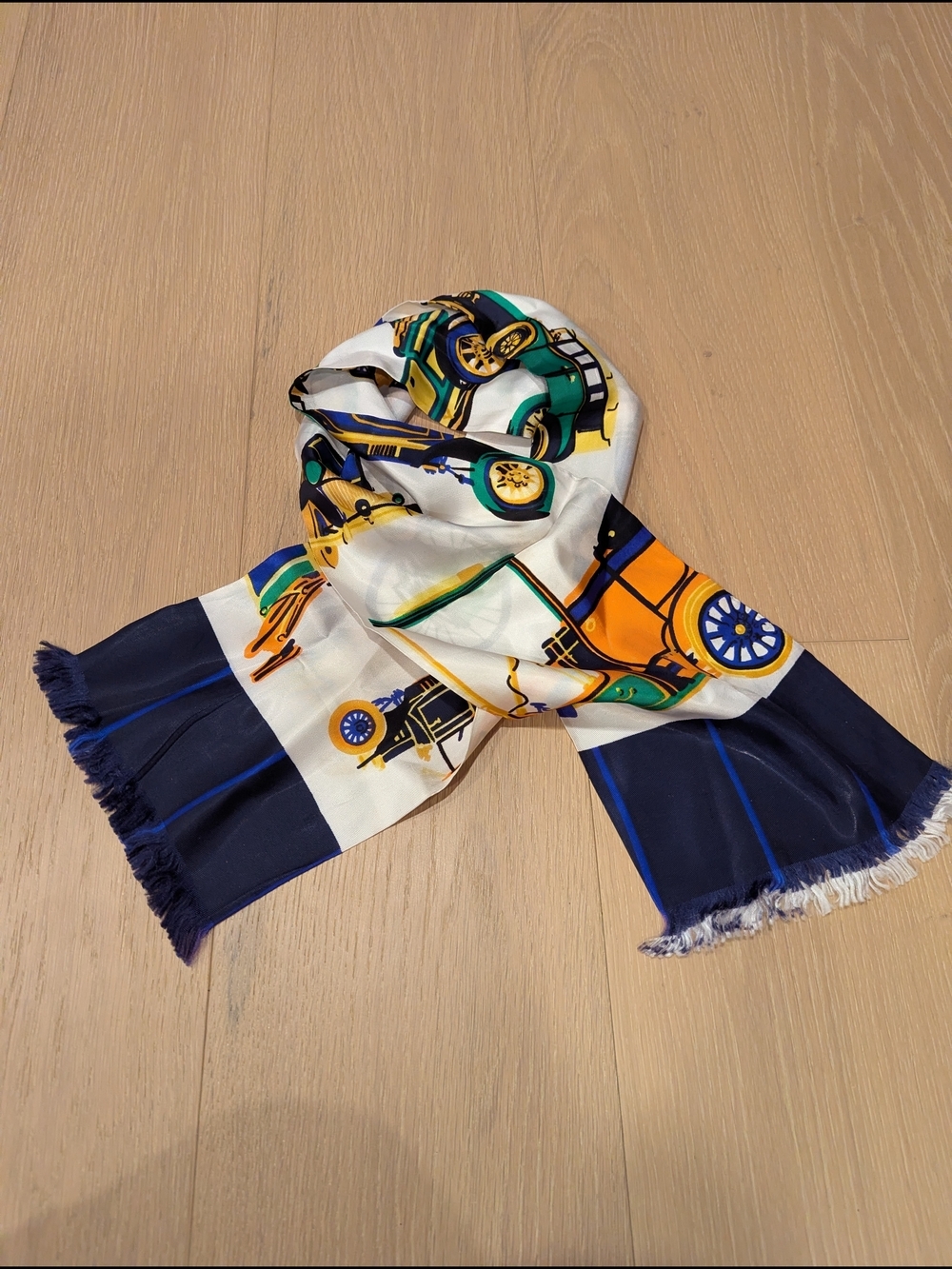 Silk-Feel  Printed Car Motif Scarf - Navy, White, Gold
